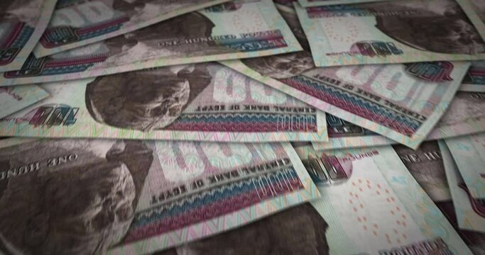 Egyptian Pound 100 EGP banknote surface. Flying over Egypt money note. 3D abstract concept of business, inflation, economy, finance, crisis and banking.