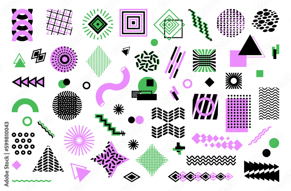 Poster graphic geometric shapes. abstract design lines and figures, circles and squares, memphis forms in g