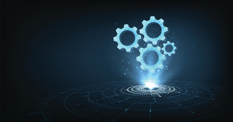 Teamwork and cooperation concept. Strategy for success.Gear digital technology blue on dark blue background. puzzle connect achievement low poly wireframe.
