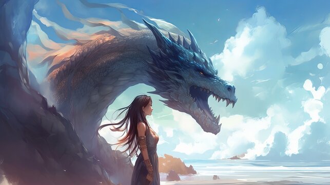 a woman standing on top of a beach next to a dragon, fantasy art, phone wallpaper, portrait of a sacred serpent, a dragon made of clouds, details, sleek dragon head, wallpaper, Generative AI