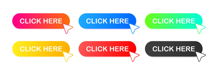 Click here banner. Flat, color, click here button. Vector illustration.