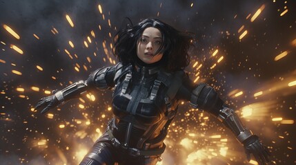 beautiful girl wearing cyber sleek space suit floating through space, skydive pose, setting is low earth orbit exploding spaceships, bright explosions shockwaves, Generative AI