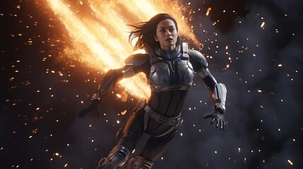 Obraz premium beautiful girl wearing cyber sleek space suit floating through space, skydive pose, setting is low earth orbit exploding spaceships, bright explosions shockwaves, Generative AI