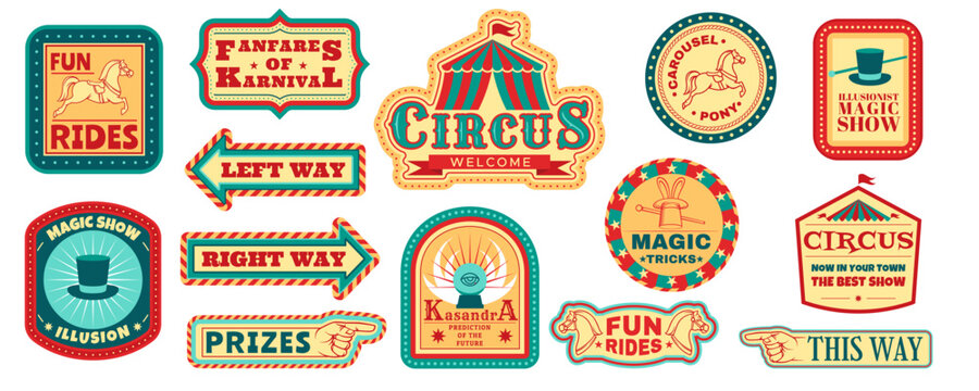 Retro carnival emblems, circus logo, fair logo. Fun vintage show banners, welcome stickers, direction signboards, invite ribbon, festival celebration, stylized pointers. Vector graphic templates