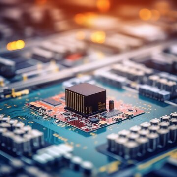 integrated circuit parts with neon lights in the style of tilt-shift photography