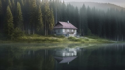 photography of a lonely house on the shore of a lake in the mountains, the house stands in a forest among tall green pines and firs, house on the lake, cabin in the woods, Generative AI