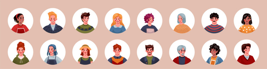 People avatars. Persons face in circle, employee portraits for business team, divorce man and woman, user head. User profile picture. Round icons vector tidy cartoon flat contemporary characters