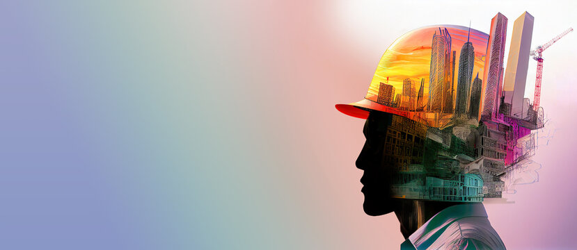 Double exposure of builder silhouette and construction works poster design made with Generative AI