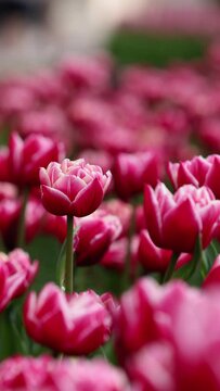 Beautiful bright colorful Spring tulips. Field of tulips. Tulip flowers blooming in the garden. Panning over many tulips in a field in spring. Colorful field of flowers in nature. vertical 4K video