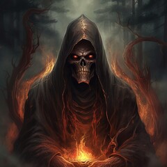 Album cover for death metal group with flames, bones, skulls and wings