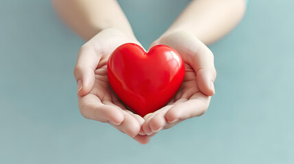 hands holding red heart on blurry background for health care and world heart day celebration, generative AI