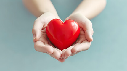 Fototapeta premium hands holding red heart on blurry background for health care and world heart day celebration, generative AI