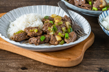 Steak and celery stir fry with rice