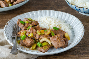 Steak and celery stir fry with rice