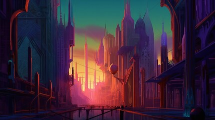temple of strange esoteric dreams, stunning futuristic neogothic cityscape, asymmetric, triadic colors, sunset in the city, wallpaper, Generative AI