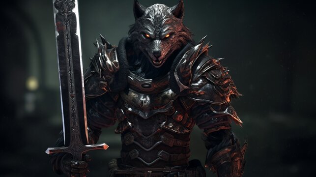 the character is wolf armour and is holding an immense sword, in the style of 32k uhd, dark black background, wallpaper, Generative AI