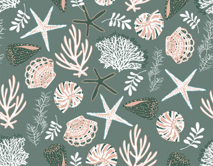 Beautiful Retro Seamless Marine Life Pattern Vector Seastar , Seashell , Corals , Seaweed Coral Shells vector Illustration © MSNTY_STUDIOX