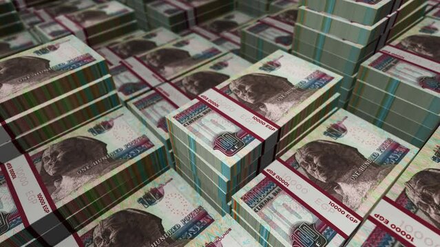 Egyptian Pound 100 EGP banknote pack pile loop. Flying over money stack Egypt note. 3D Abstract concept of business, economy, finance, crisis and banking. Seamless looped.