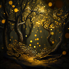 Fairy tale night landscape with trees in the forest, glowing sparkle lights of fireflies.