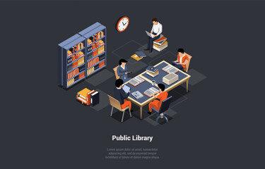 Self Education And Online Library. Male And Female Students At Library Reading Books. Digital Library Interior With Characters, Bookcase, Computer And Stack Of Books. Isometric 3d Vector Illustration