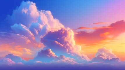 Naklejka na ściany i meble Sunset sky. Cartoon summer sunrise with pink clouds and sunshine, evening cloudy heaven panorama. Beautiful cloudscape with fluffy cumulus, colorful twilight. Generative AI.