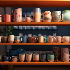 Fototapeta na wymiar showcase with different mugs. sale of cups. different cups. generated by AI