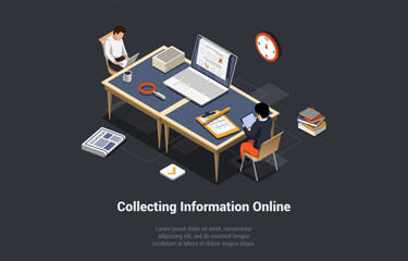 Collecting Data and Big Information Volume Gathering Online. People Working In The Office. Cloud Computing Software With Automatic Server Info Catching Illustration. Isometric 3d Vector Illustration