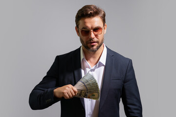 Business man with money banknotes. Male entrepreneur with dollar bills. Lucky boss, insurance agent, manager. Freelancer with cash. Mock up, for white banner with copy space.