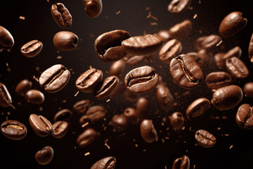 Obraz premium Flying coffee beans background. Close-up brown coffee beans banner. generative ai. Closeup coffee grains background