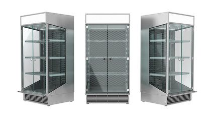 Showcase refrigerator for a supermarket trading floor, 3d illustration isolated on white