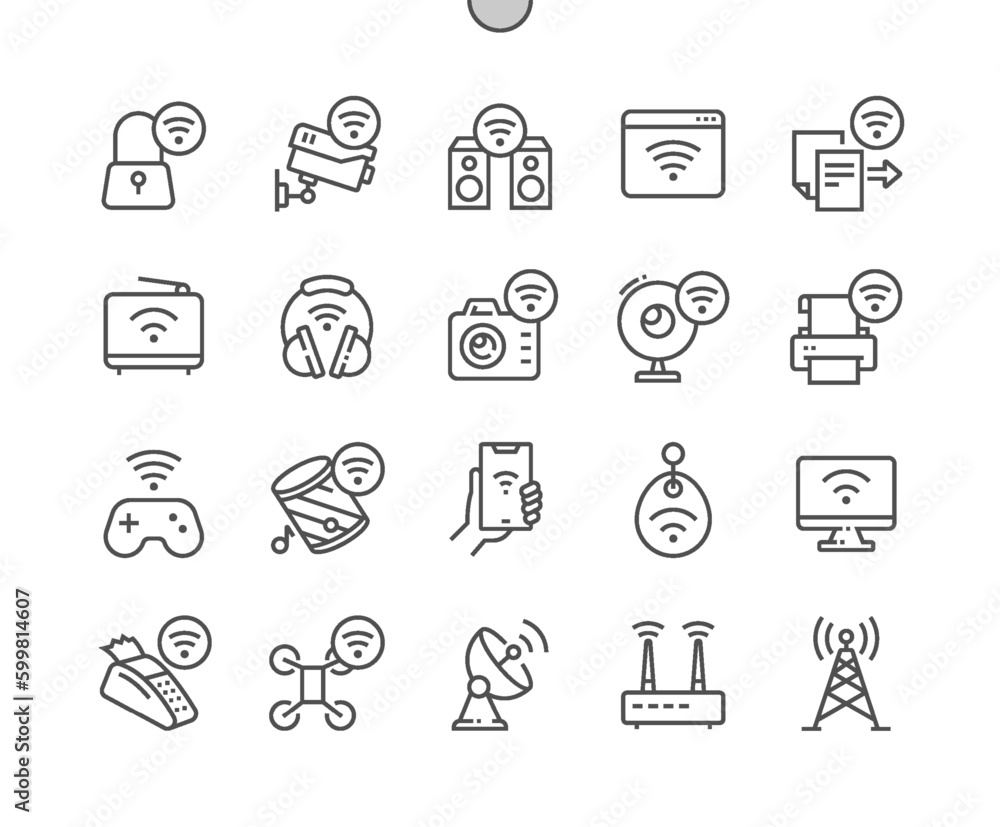Poster wireless and wifi. remote internet access. digital camera. wireless pay. pixel perfect vector thin l