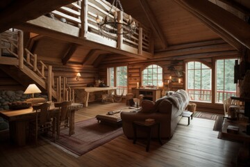 Fototapeta na wymiar Cabin home interior wooden. Generate AI