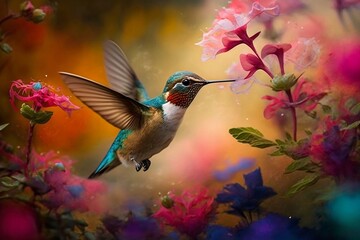 Hummingbird in Flight Amidst Vibrant Blooms, Generative Ai