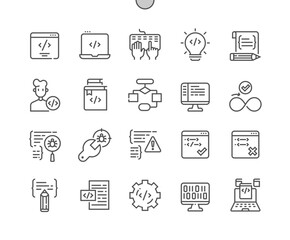 Coding. Programming solutions. Algorithm, developer, script. Bug fixing. Pixel Perfect Vector Thin Line Icons. Simple Minimal Pictogram