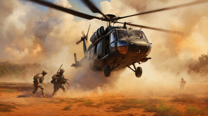 A military helicopter insertion operation, soldiers rappelling down ropes from the helicopter, smoke and dust from the landing zone in the background