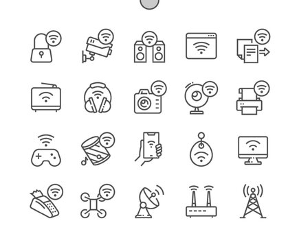 Wireless and wifi. Remote internet access. Digital camera. Wireless pay. Pixel Perfect Vector Thin Line Icons. Simple Minimal Pictogram