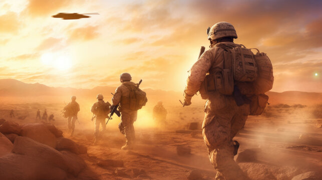 A military photorealistic image of a group of soldiers on patrol in a desert environment, sand and dust swirling around them, one soldier in the foreground checking their surroundings