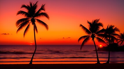 A fiery sunset at a tropical beach palm trees silhouette