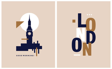Simple Abstract Vector Illustration with Gold, White and Dark Royal Blue "London" and Faumous Big Ben Tower on a Dusty Beige Background. Modern Cityscape of London ideal for Poster, Wall Art.