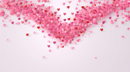 Heart flying frame Celebration backdrop. Bright pink hearts confetti falling on white background. Vector illustration  Generative AI