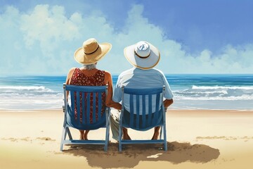 Fototapeta na wymiar Senior Couple Relaxing on a Beach with Blue Sky in the Background, Generative Ai