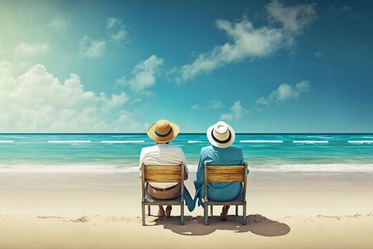 Senior Couple Relaxing on a Beach with Blue Sky in the Background, Generative Ai
