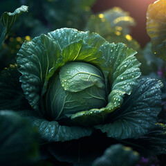 cabbage. cabbage grows. cabbage with dew drops. delicious juicy cabbage in the garden.
generated by AI
