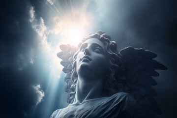 Culture and religion concept. Angel ancient statue in cloudy sky background. Dramatic sky with sunlight illuminating statue. Generative AI
