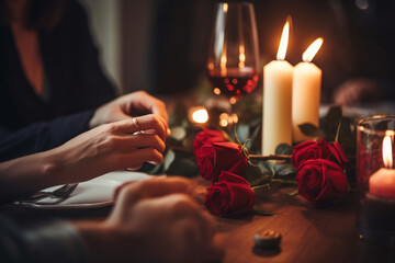 Unrecognizable,Couple at a candle light dinner date hands next to bouquet of red roses Generative AI - obrazy, fototapety, plakaty