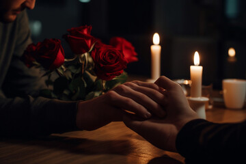 Obraz na płótnie Canvas Unrecognizable,Couple at a candle light dinner date hands next to bouquet of red roses Generative AI