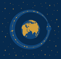 Fototapeta premium Ouroboros, a serpent coiled in a ring around planet Earth and biting its tail on a starry universe background. A symbol of infinity and endless rebirth. Flat vector illustration