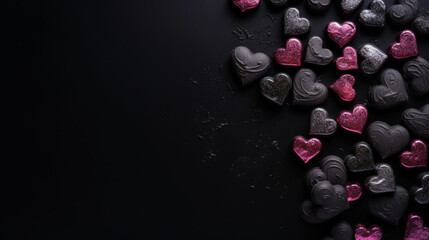 Valentine's day background with heart shapes on black table, top view with copy space  Generative AI