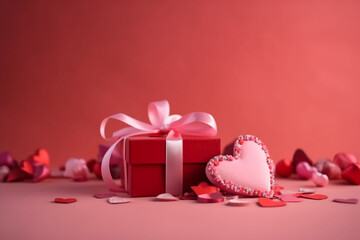 Valentine's Day background with red hearts and gift box on pink background with copy space Generative AI
