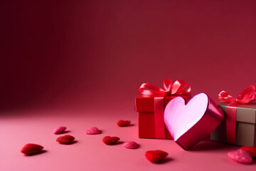 Valentine's Day background with red hearts and gift box on pink background with copy space  Generative AI